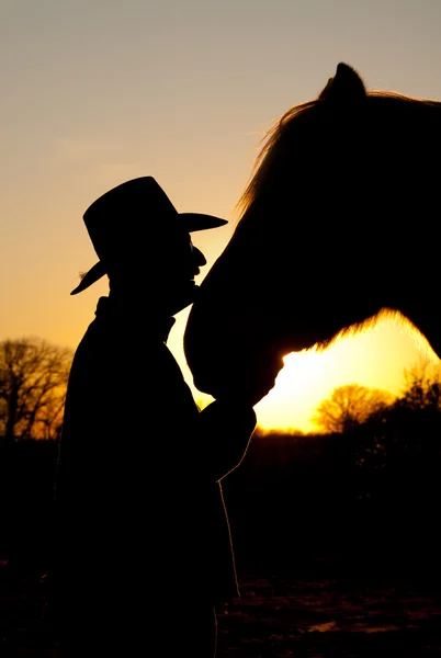 Cavalo e seu cowboy silhuetas contra um pôr do sol, cabeça a cabeça — Fotografia de Stock