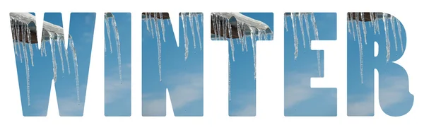 Texto de invierno con carámbanos y cielo azul sobre blanco —  Fotos de Stock