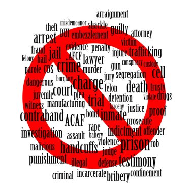 Don't do it - a conceptual word cloud of crime and jail related words with a red stop sign clipart