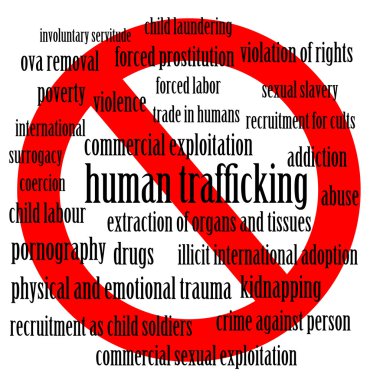 Stop human trafficking - word cloud of human trafficking related words with a stop sign clipart