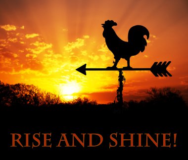 Horoz weather vane sunrise, kalk ve ışık - metin, ile karşı ayağa kalk ve bugün var olmak korku veren