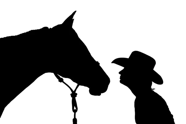 Silhouette di una ragazza in un cappello da cowboy con il suo cavallo, naso a naso - nero su sfondo bianco — Foto Stock