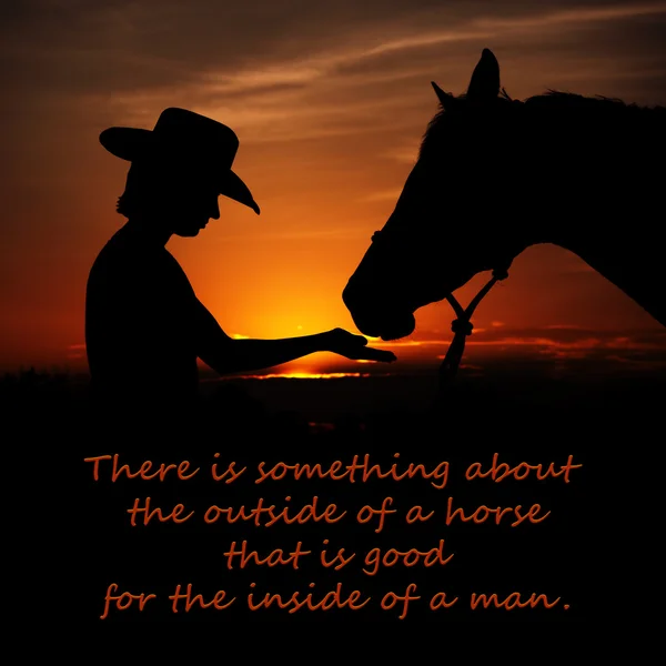 There is something about the outside of a horse that is good for the inside of a man - a quote with a background of a girl and a horse silhouetted against sunset — Stock Photo, Image