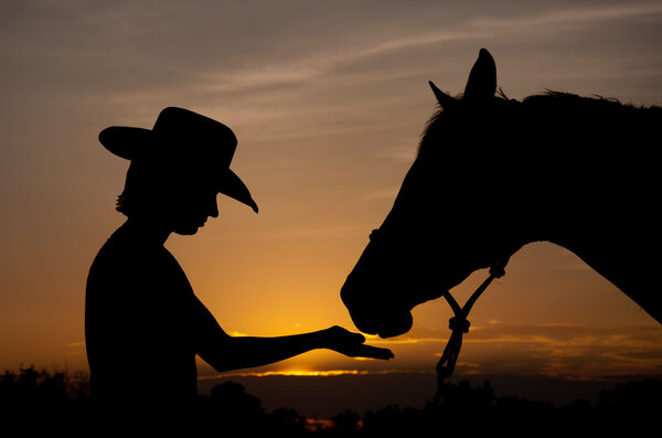 Silhouette of a girl in a cowboy hat with her horse - best friends together