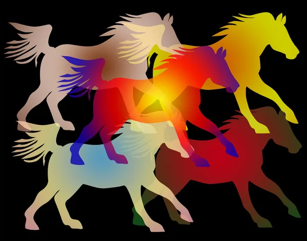 Ian achtergrondafbeelding van kleurrijke galopperende paarden op zwart, een naadloze patroon — Stockfoto