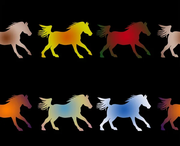 Imagem de fundo temática equestre de cavalos galopantes coloridos em preto, um padrão sem costura — Fotografia de Stock