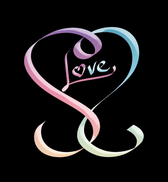 Calligraphic heart embossed in gradient pastels, with word love inside the heart, on black background — Stock Photo, Image