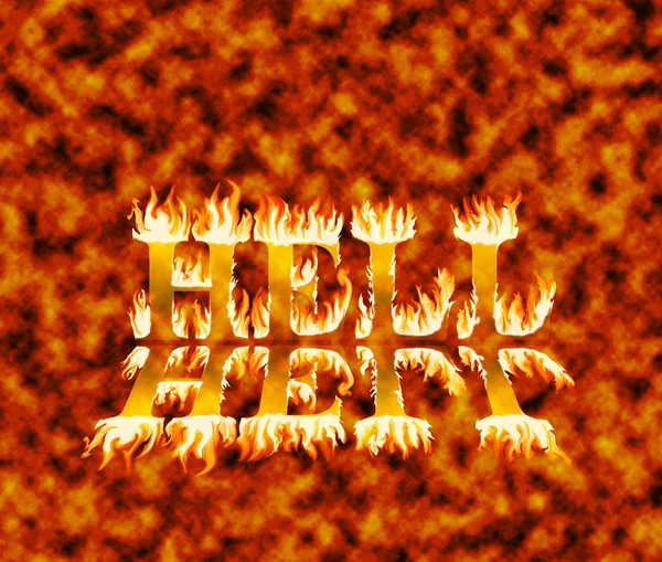 Word hell in flames, with reflection, on fiery red and orange background — Stock Photo, Image