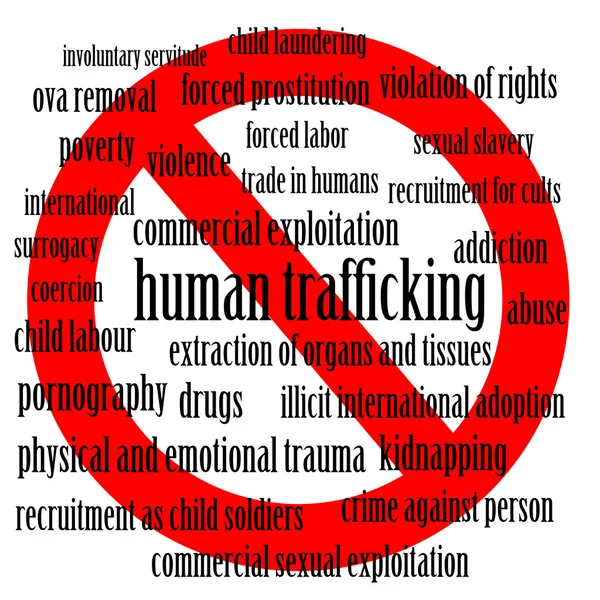 Σταματήστε την εμπορία ανθρώπων - σύννεφο λέξη της εμπορίας ανθρώπων που σχετίζονται με λέξεις με ένα σημάδι στάσεων — Φωτογραφία Αρχείου