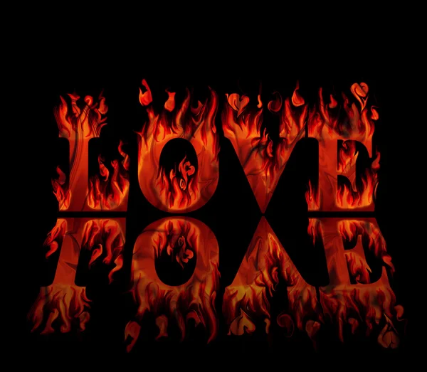 Word love in flames, with reflection, on black background — Stock Photo, Image