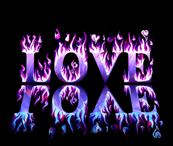 Word love in flames in blue and purple, with reflection on black background — Stock Photo, Image