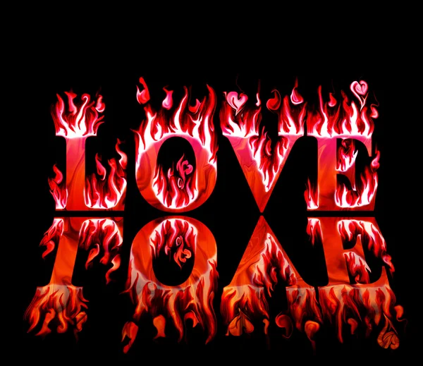 Word love in flames in red and pink with reflection, on black background — Stock Photo, Image