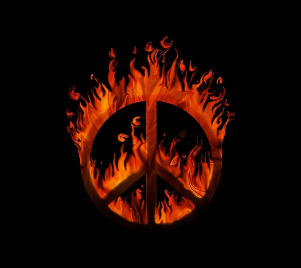 Symbol of peace on fire, on black background - concept of peace being threatened — Stock Photo, Image