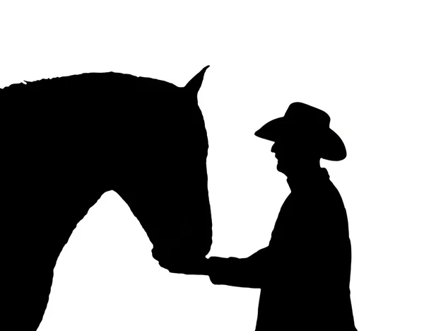 Silhouet van een man en zijn paard in zwart-wit — Stockfoto