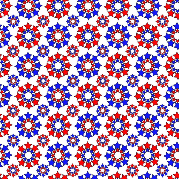 Red and blue stars in big and small circles, a seamless background pattern