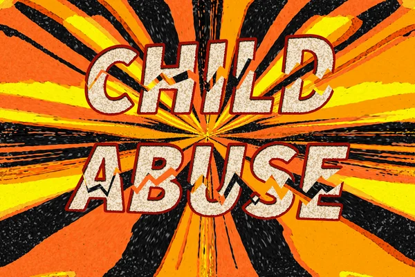 Texto de abuso infantil en estilo grunge sobre fondo naranja negro y amarillo destrozado —  Fotos de Stock