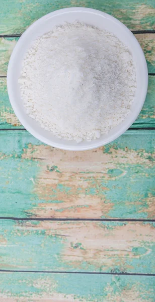 Dried Coconut Powder White Bowl Wooden Background — Stock Photo, Image