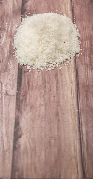 Сушеный Кокосовый Порошок Деревянном Фоне — стоковое фото
