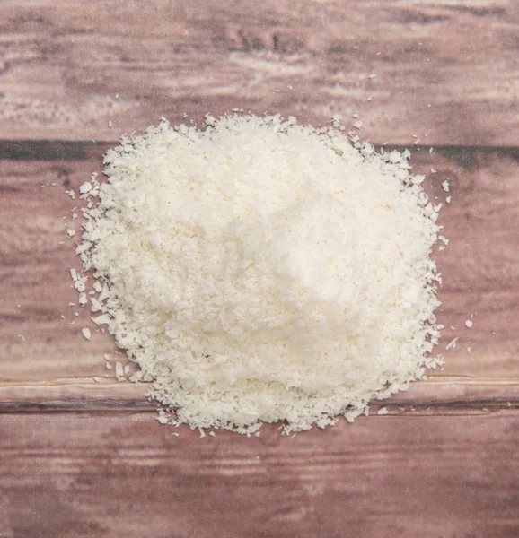Dried Coconut Powder Wooden Background — Stock Photo, Image