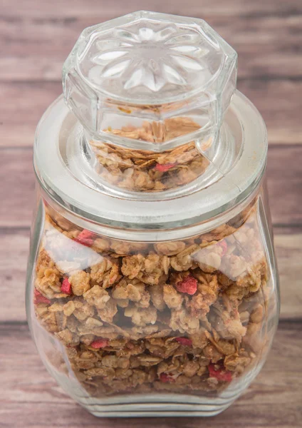 Breakfast Cereal Dried Raspberry Pieces Glass Jar Wooden Background — Stock Photo, Image
