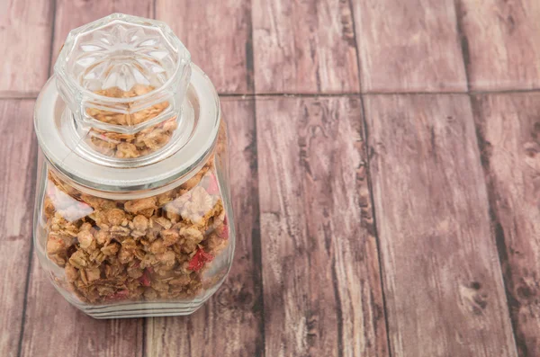 Breakfast Cereal Dried Raspberry Pieces Glass Jar Wooden Background — Stock Photo, Image