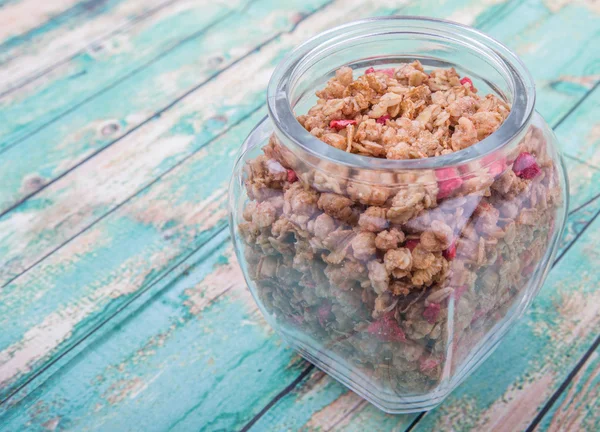 Breakfast Cereal Dried Raspberry Pieces Glass Jar Wooden Background — Stock Photo, Image