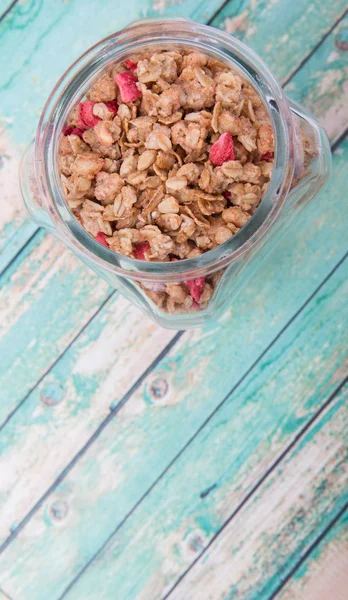 Breakfast Cereal Dried Raspberry Pieces Glass Jar Wooden Background — Stock Photo, Image