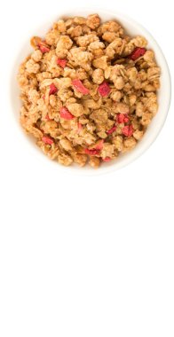 Kurutulmuş frambuaz adet beyaz arka plan üzerinde beyaz kase mısır gevreği