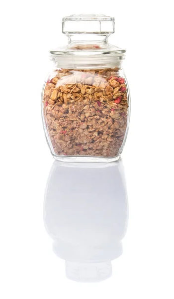 Breakfast Cereal Dried Raspberry Pieces Glass Jar White Background — Stock Photo, Image