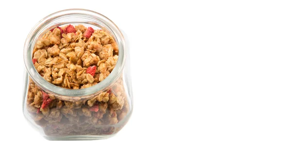 Breakfast Cereal Dried Raspberry Pieces Glass Jar White Background — Stock Photo, Image