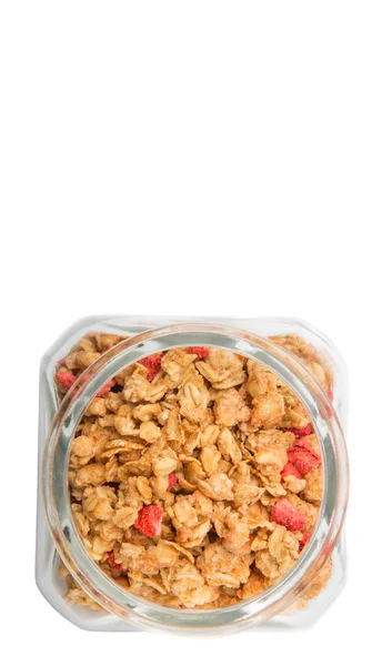 Cereales Desayuno Con Trozos Frambuesa Secos Frasco Vidrio Sobre Fondo — Foto de Stock