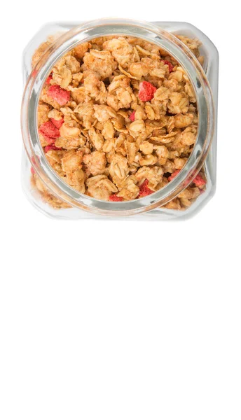 Breakfast Cereal Dried Raspberry Pieces Glass Jar White Background — Stock Photo, Image
