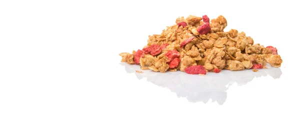 Cereali Colazione Con Pezzi Lampone Essiccati Sfondo Bianco — Foto Stock