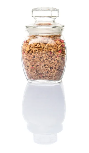 Breakfast Cereal Dried Raspberry Pieces Glass Jar White Background Royalty Free Stock Photos