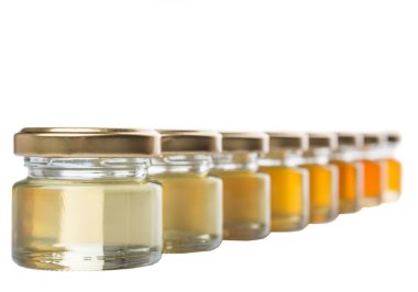 Farklı sınıflarda ve renkler beyaz arka plan üzerinde mason kavanoz bal