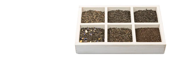 Assortiment Thé Noir Coffret Bois Blanc Sur Fond Blanc — Photo