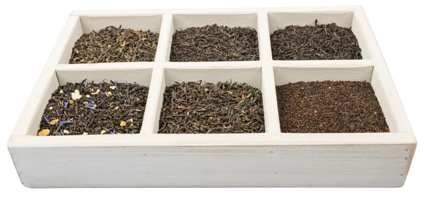 Black Tea Assortment Wooden White Box White Background — Stock Photo, Image
