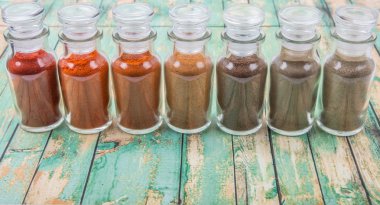 Soğuk toz, cayenne tozu, kırmızı biber tozu, karabiber toz, beyaz biber tozu, karabiber toz ahşap arka plan üzerinde cam şişe içinde ürün yelpazesine