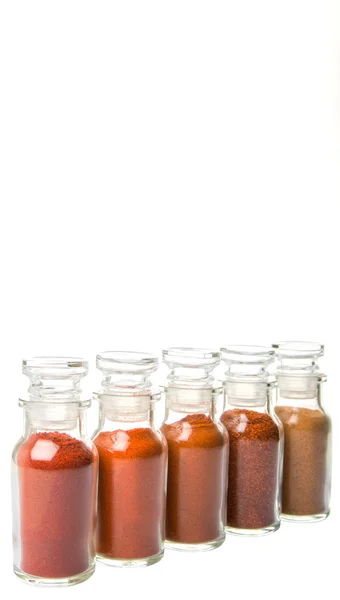 Assortment Chilly Powder Paprika Powder Cayenne Powder Glass Vial White — Stock Photo, Image