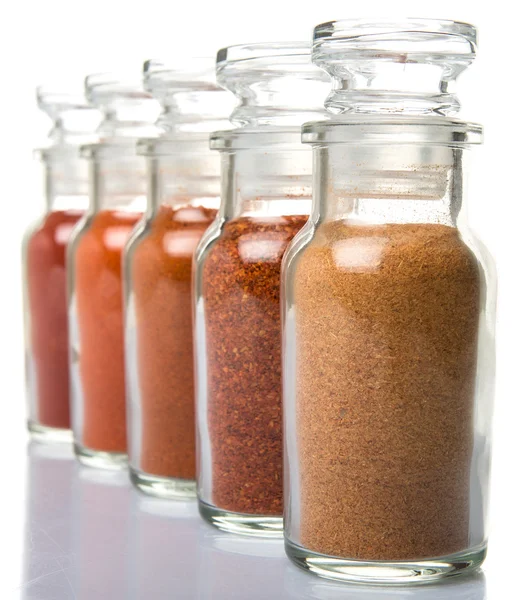 Assortment Chilly Powder Paprika Powder Cayenne Powder Glass Vial White — Stock Photo, Image