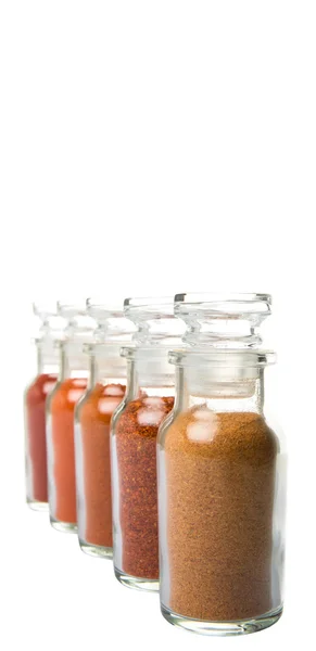 Assortment Chilly Powder Paprika Powder Cayenne Powder Glass Vial White — Stock Photo, Image