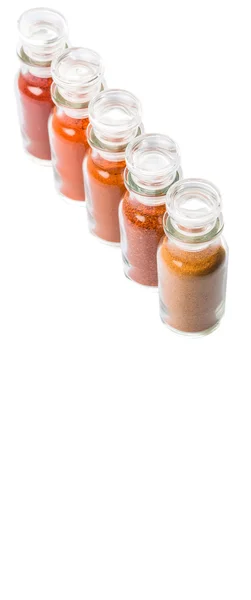 Assortment Chilly Powder Paprika Powder Cayenne Powder Glass Vial White — Stock Photo, Image