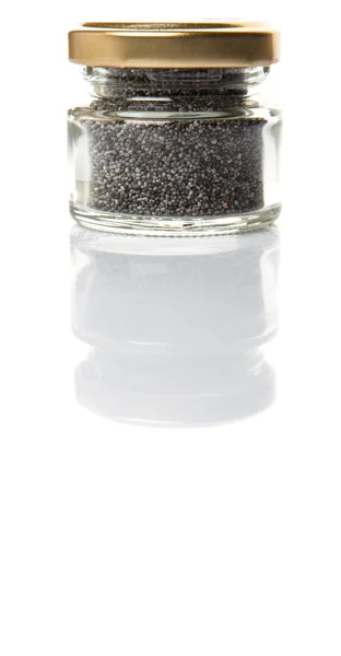 Black Poppy Seeds Small Mason Jar White Background — Stock Photo, Image