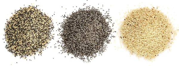 Семена белого мака, семена черного мака и семена смешанного мака — стоковое фото