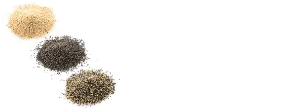 Sementes de papoila branca, sementes de papoila preta e sementes de papoila de mistura — Fotografia de Stock