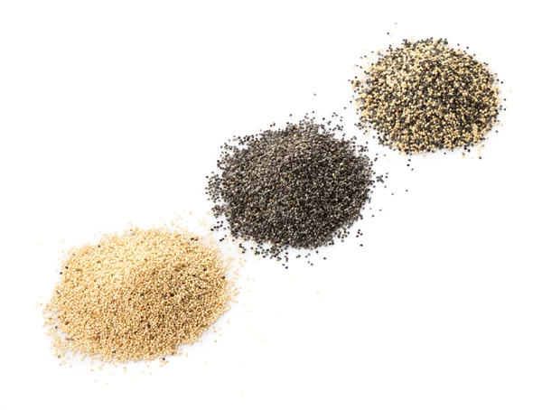 Semillas de amapola blanca, semillas de amapola negra y semillas de amapola de mezcla —  Fotos de Stock