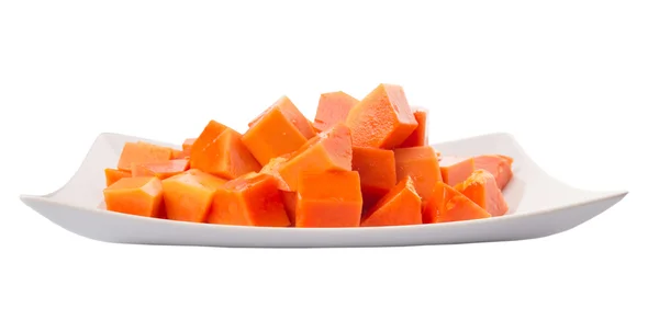 Harapás méretű papaya gyümölcs fehér tányérra — Stock Fotó