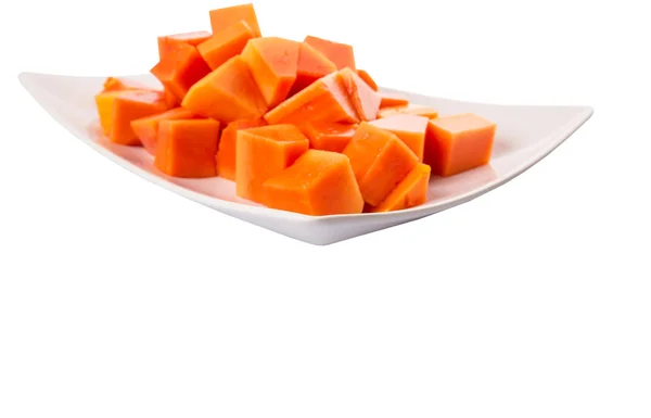 Mordedura tamaño fruta de papaya en la placa blanca — Foto de Stock