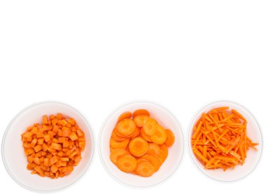 Different style of chopped carrots in white bowls clipart
