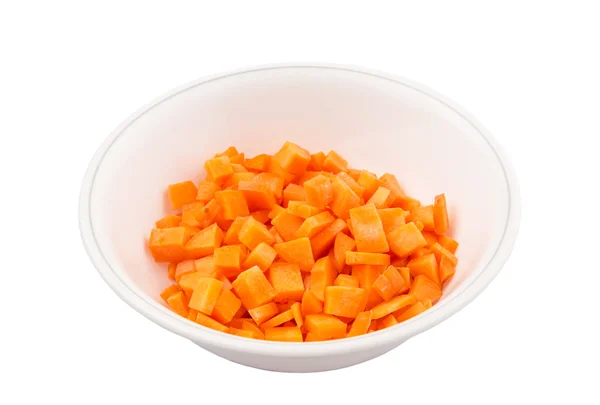 Gehackte Karotte Einer Schüssel Vor Weißem Hintergrund — Stockfoto